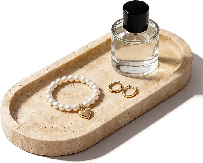 WORHE Natural Travertine Vanity Tray Waterproof Italy Marble Bathroom Organizer for Perfume, Candles & Jewelry Non-Slip Oval Storage Tray for Spa, Bedroom, Kitchen 9.8" x 4.5" Beige (WH028)