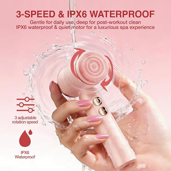 Electric Face Scrubber with Led Display & Facial Cleansing Brush - 6-in-1 Exfoliating Kit, 3 Speeds, IPX6 Waterproof Face Brush for Deep Cleaning, Massage & Gentle Exfoliation-Pink