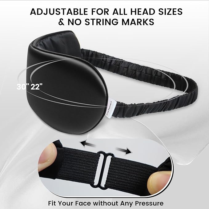 100% Pure Mulberry Silk Eye Mask - 22 Momme Adjustable Strap, Light Blocking, Silk Storage Bag & Gift Box - for Sleep/Travel/Gift, Sensitive Skin Friendly (Black)