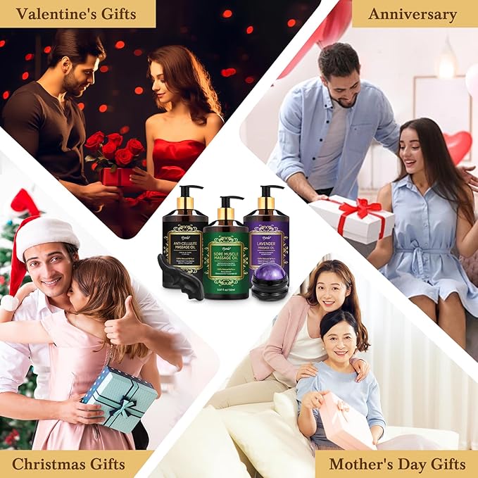 Pjordo 3 Pack Massage Oil for Massage Therapy, Lavender Oil for Relaxation, Sore Muscle Arnica Oil & Cellulite Massage Oil, with Massage Roller Ball & Thumb Saver Tool, Mothers Day Gifts for Wife