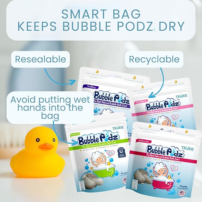 TruKid Bubble Podz Bubble Bath for Kids, Toddlers, & Babies, Tear Free Gentle & Refreshing Bath Bomb for Sensitive Skin with Natural Moisturizers, Non-Toxic, pH Balanced, Vanilla Scent (24 Podz)