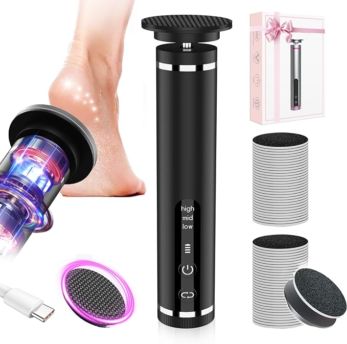 Electric Foot Callus Remover with Nano-Glass Head & 60Pcs Sandpaper Discs, 3 Hours Run Time, Electric Callus Remover for Feet with 3 Adjustable Speeds, Pedicure Tools for Dry Dead Skin Cracked Heels