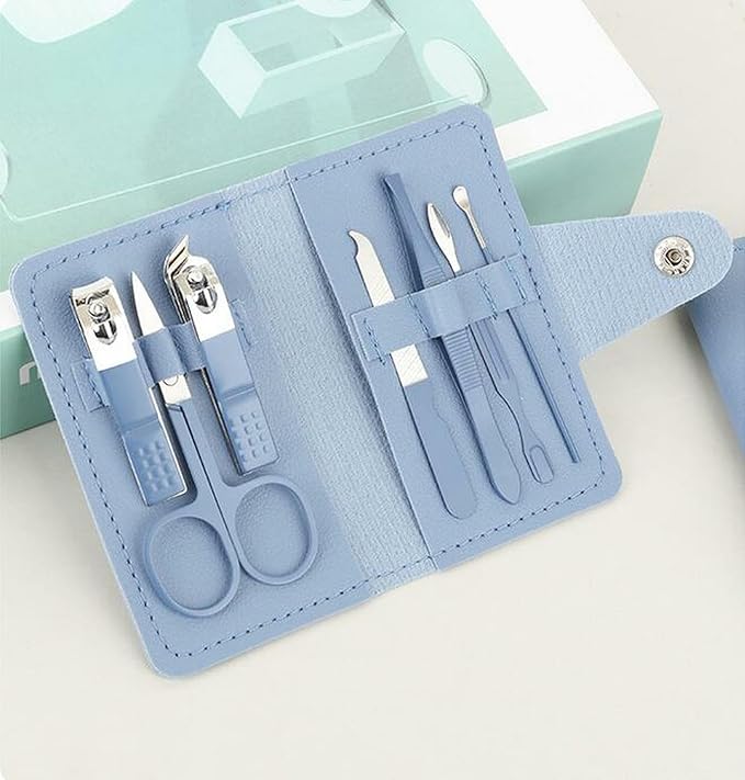 Manicure Set, 7 in 1 Professional Nail Clippers Scissors Pedicure Kit, Stainless Steel Nail Care Tools with Case, Portable Manicure Grooming Kit Christmas Stocking Stuffers Gift for Women (Blue)