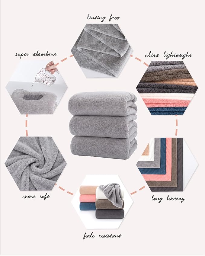 Lumimi Towels 3 Piece Very Soft Microfiber Bath Towel Set Super Absorbent Light Quick Dry and Durable, 55" L x 27" W, 3 Pack Light Grey