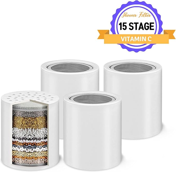 Bath Beyond 15-Stage Shower Filter Replacement Cartridge (Pack of 4) Shower Filter w/Vitamin C for Hard Water - Shower Water Filter Removes Chlorine Fluoride/Improves Condition of Your Skin, Hair