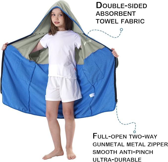 Hiturbo Kids Bath Towel Hoodie: Zipper Surf Poncho Long Sleeve Quick Dry - Absorbent Changing Towels Swimming Outerwear for Beach Pool - Gray/Blue