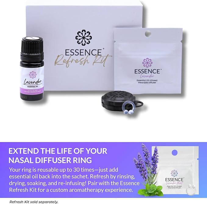Essence Wearable Aromatherapy Nasal Diffuser – Lavender Mint Essential Oil Nose Ring Silicone Inhaler for Stress & Mood Support - Made in USA & Travel-Friendly (3 Pack)