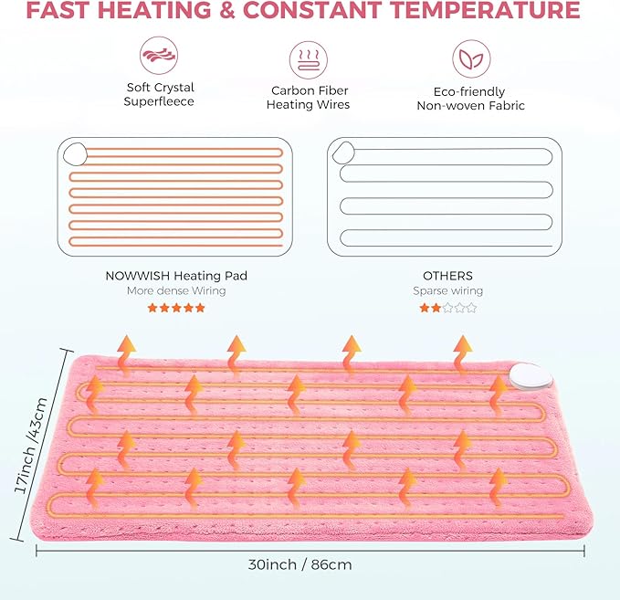 NOWWISH Heating Pad for Back Pain Relief & Period Cramps, 33x17 Inches Large Electric Heating Pad with 10 Heat Settings, Timer & Auto Shut-Off, Machine Washable, Mothers Day Gifts for Mom Women, Pink