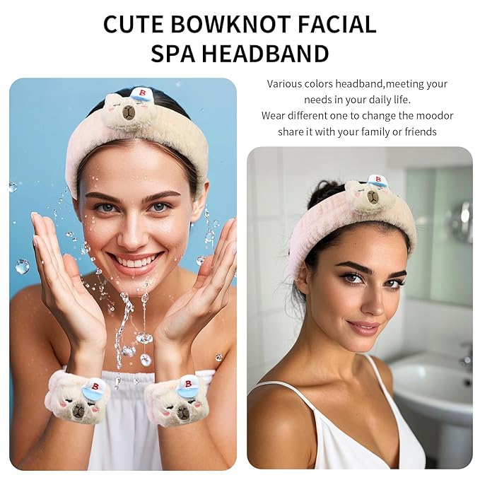 Kawaii Spa Headband and Wristband Set for Women Girls, Cute Halloween Skincare Headbands for Face Washing, Fluffy Makeup Headband for Washing Face Bath Shower and Beauty, Beige Capybara
