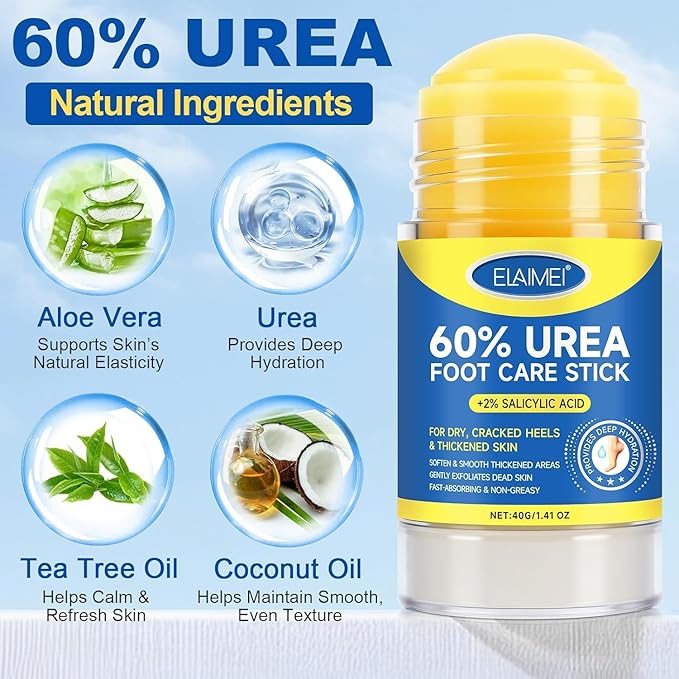 Urea Cream Stick 60% + 2% Salicylic Acid, Foot & Hand Balm for Dry, Cracked Heels & Rough Skin, 60 Percent Urea Lotion for Feet Maximum Strength,Callus Remover & Skin Softener, Soften Dead Skin1.4 oz