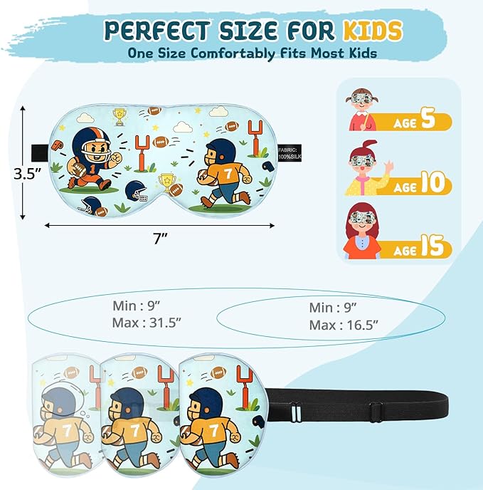 Kids Sleep Mask – 100% Mulberry Silk Eye Mask with Adjustable Strap, Soft Light Blocking Sleeping Mask for Children, Cute Printed Eye Cover for Boys Girls Ages 5-15 (Football Style)