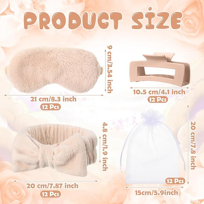48 Pcs Spa Party Supplies Sleepover Essentials Gift for Mother's Day Spa Headband Plush Eye Mask Claw Clips Organza Bag for Women Adult Slumber Party Supplies (Khaki)