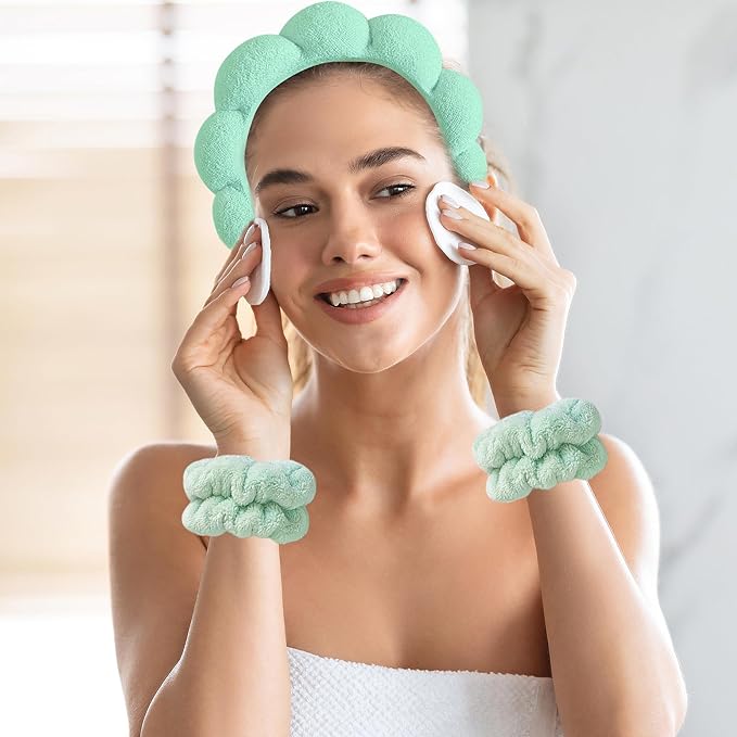 Beleki Spa Headband for Washing Face Wristband Set Makeup Skincare Face Washing Headband Sponge Terry Cloth Bubble Puffy Hairband Non Slip Headwear Hair Accessory for Women - Mint