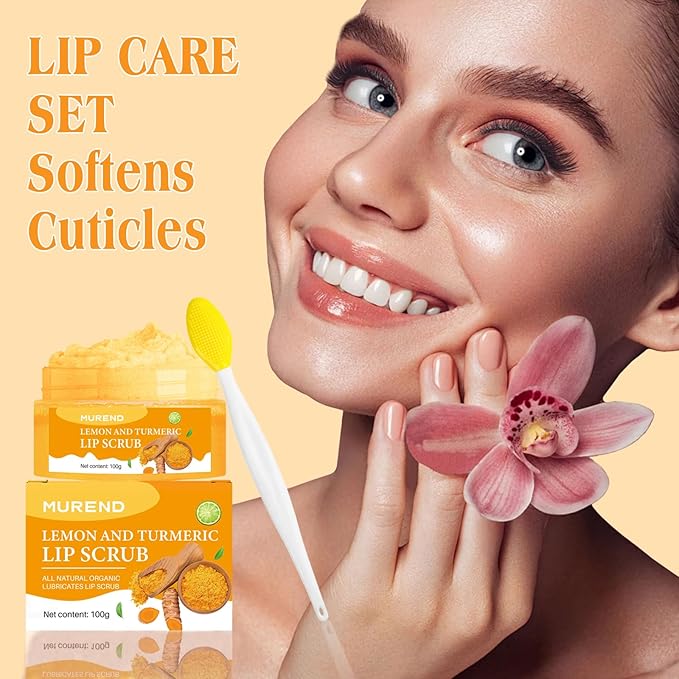 Turmeric Lemon Lip Scrub with Brush, Lip Scrubber Exfoliator for Dark Lips, Dry, Chapped Lips, Reduce Fine Lines, Natural Nourish Sugar Lip Scrub with Aloe Vera, Deep Hydration Moisturization 100g