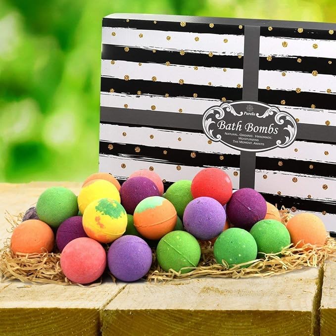 Bath Bombs Gift Set for Women and Men. 24 Luxury Bath Bombs Individually Wrapped Bulk Box. Moisturizing Organic Bath Bombs for Women, Men and Kids! Best Bath Bomb Set for Teens Too! Gifts for Him