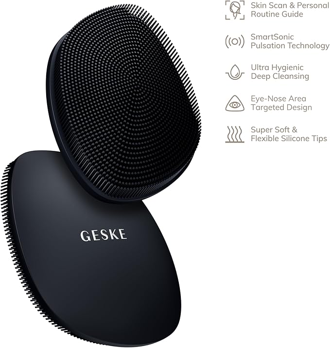 GESKE SmartAppGuided™ Facial Brush | 4 in 1 | Professional Facial Cleansing Brush | Skin Cleansing Silicone Facial Brush | Routine Skincare | Gentle Cleansing | Facial Cleanser