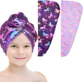 Basumee Microfiber Hair Towel Wrap for Kids 2 Pack Rapid Drying Hair Towel with Button Hair Turbans for Wet Hair Wraps Head Towel Wrap for Women and Girls, Dark Unicorn
