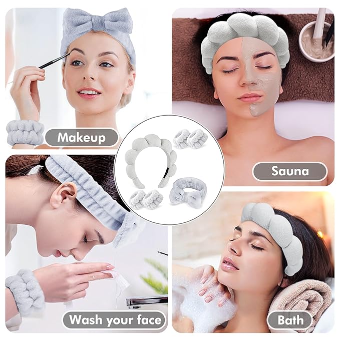 Zkptops 6Pcs Spa Headband for Washing Face Wristbands Set Women Bubble Makeup Sponge Terry Cloth Padded Puffy Skincare Headband Bow Tie Hairband Cute Non Slip Thick Hair Accessory Gifts (Grey)