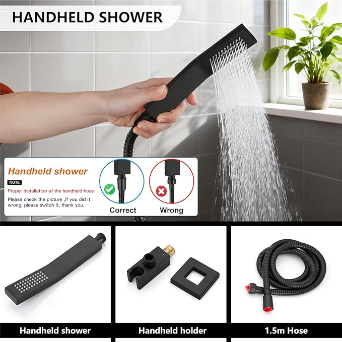 Midanya Shower System with Tub Spout,Bathtub Shower Faucet Set with Square Rainfall Head and Handheld Sprayer Wall Mount Tub Faucet Set with Valve and Trim Kit,8 Inch Matte Black