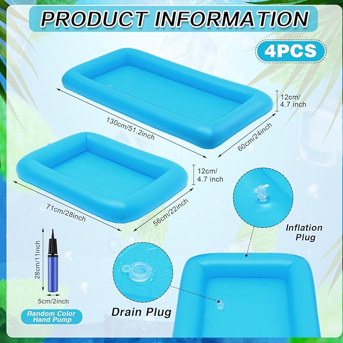 Leitee 4 Pcs Inflatable Ice Serving Bars Buffet Serving Tray Drink Cooler for Pool Party Inflatable Ice Tray Floating Food Drink Containers with Drain Plug and a Hand Pump, 2 Sizes (Blue)