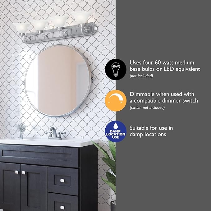 Design House 519215 Millbridge Vanity Light Dimmable with Frosted Glass for Above Bathroom Mirror, Satin Nickel, 4-Light