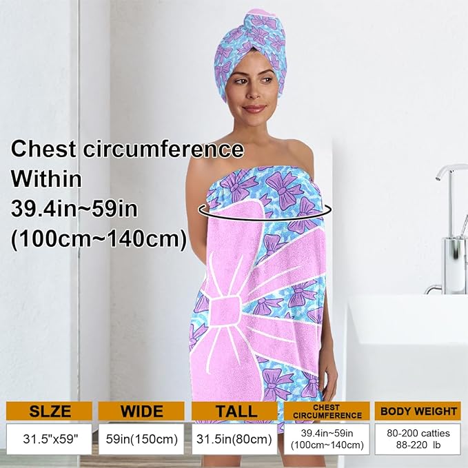 Bow Towel Wrap for Women Girls – Microfiber Shower Spa Wrap with Hair Towel Turban – Quick Dry Bath Skirt Set for Travel, Dorm, Pool, Beach, Gifts for Teen Girls (Bow 2)