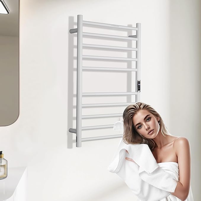 Heated Towel Racks for Bathroom, Wall Mounted Electric Towel Warmer Racks with Timer & Temperature Control, 10 Bar Stainless Steel Towel Heater for Bathroom,White, Plug-in