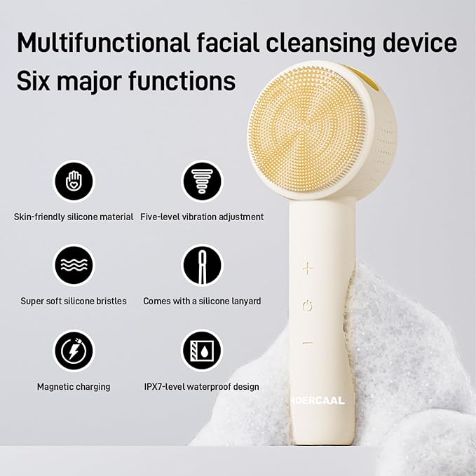 Facial Cleansing Brush Electric – Rechargeable Silicone Face Scrubber, Waterproof Vibrating Cleaner with 5 Adjustable Intensities for Deep Cleansing and Exfoliation (White)