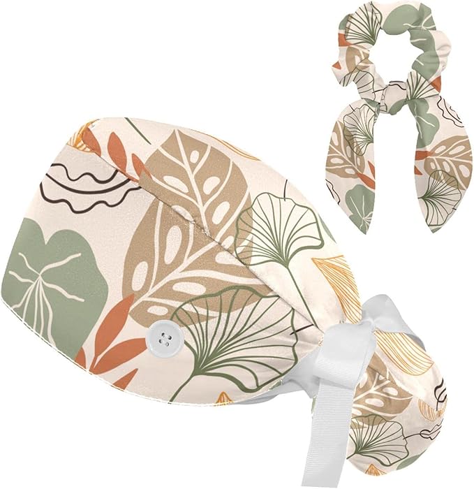 Women Working Cap with Buttons Bouffant Hat Autumn Leaves Nurse Scrub Caps Long Hair