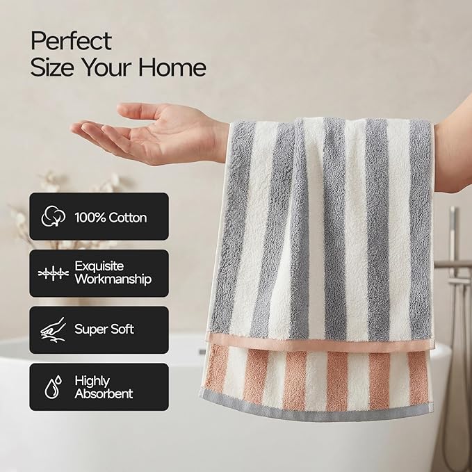 REDKISS 2-Pack Luxury Hand Towels for Bathroom - 12 x 28 Inches 100% Cotton Striped Hand Towels, Ultra Soft and Highly Absorbent Towel for Bath, Gym, Hotel, Kitchen and Spa, Gray