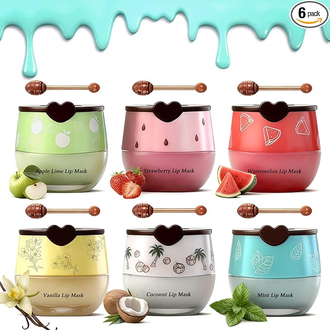 6 PCS Bee Lip Balm Honey Pot Set, Moisturizing Propolis Mask, Hydrating Prevention for Dry and Cracked Skin, Exfoliating Scrubs, Sleep Mask Reduces Lines