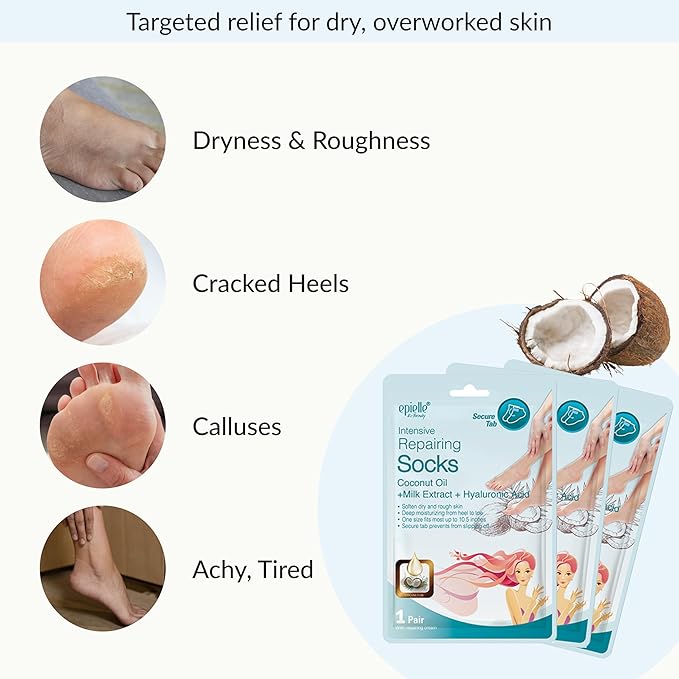 Epielle Intensive Repairing Foot Mask 6 Pairs, Soften with Coconut Oil & Milk Extract, Deep Moisturizing Socks for Dry, Cracked Feet, Self Care Gifts for Women, Spa Kit, Mothers Day Gifts