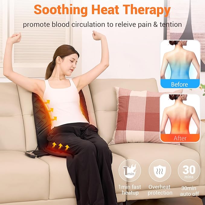 CARSHION 10 Vibrating Massage Nodes Back Massager Chair Pad for Pain Relief Home Office Use