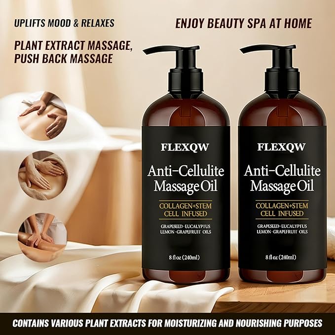 Anti Cellulite Massage Oil, Lymphatic Drainage Body Oil, Collagen Oil for Skin Tightening, Cellulite Remover for Legs, Natural Anticellulite Massage Oil for Massage Therapy