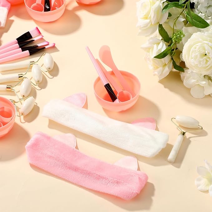 8 Sets Spa Party Supplies include 8 Jade Rollers Face Mask Brushes Face Mask Mixing Bowls Headband for Spa Party Sleepover Slumber Favors