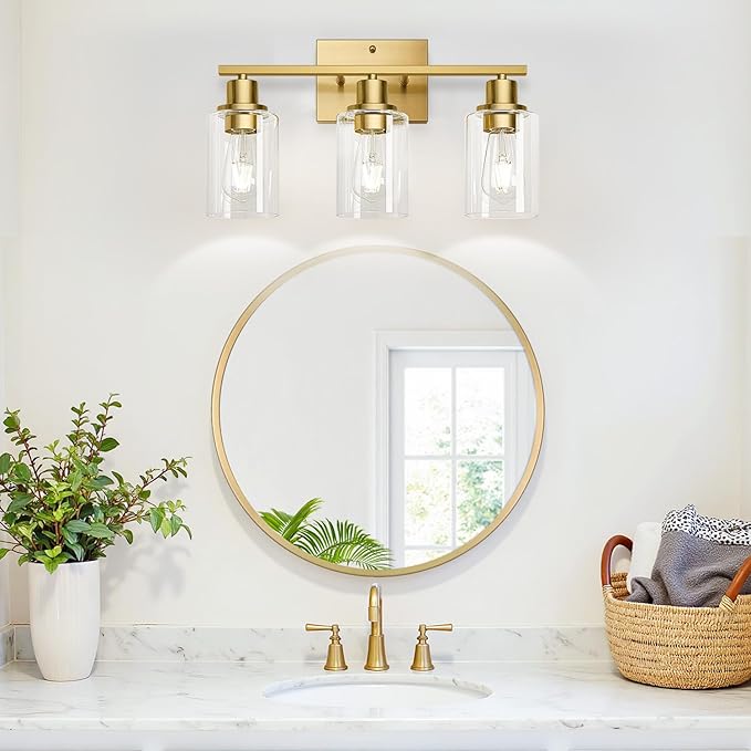 MOKATNG 3-Light Bathroom Light Fixtures, Vanity Light with Clear Glass Shades, Brushed Gold Bathroom Light Fixtures Over Mirror, Modern Bathroom Wall Lamp for Mirror Living Room Cabinet Bedroom