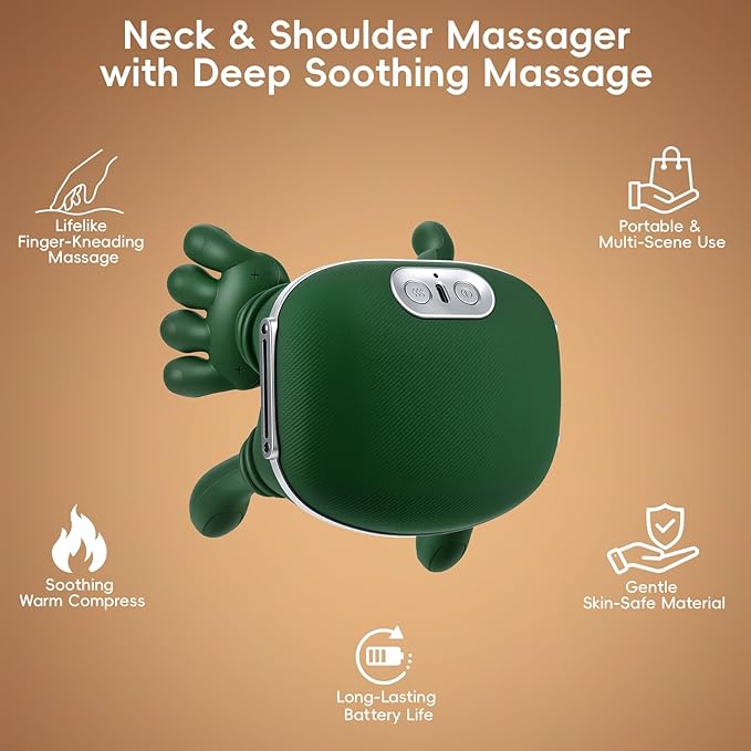 Shoulder and Neck Massager with Heat, 4D Deep Tissue Massage with Finger Pressure for Back, Neck & Shoulder, Portable Compact Design to Relieve Muscle Fatigue and Stiffness, Green