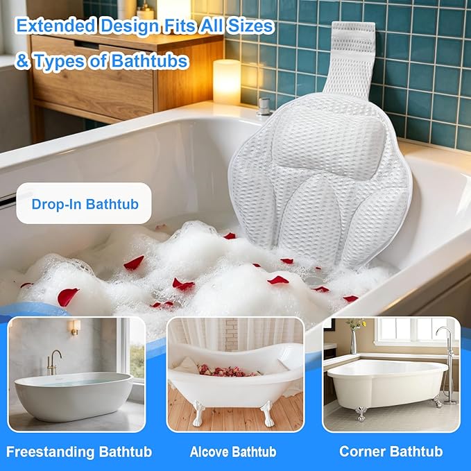 Extra Thick Petal-Shaped Bath Pillow for Head, Neck and Backrest, Extra Thick, Polyester, White, Anti-Slip Suction Cups, Washable, Luxury Spa Bathroom Accessories (Standard Store Size)