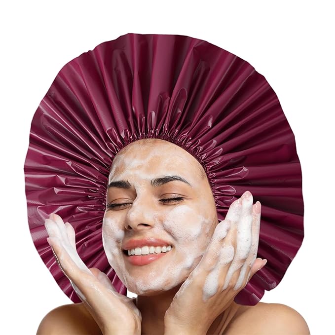 Jumbo Size Shower Cap 2 PCS Waterproof Shower Caps for Women, Extra Large Shower Cap, Reusable Super Large Bath Caps Hair Cap for Long Thick Curly Hair, Locs, Twist Braids - Grey+Purple-red