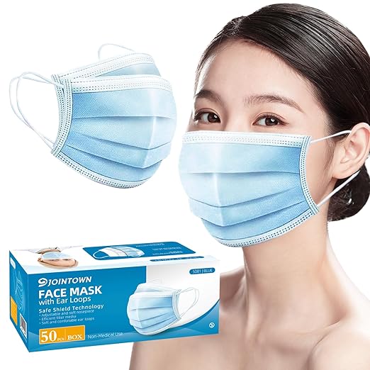 Jointown Disposable Face Mask - 3 Ply Protection Face Masks, 50 Pack Blue
