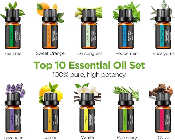 InnoGear Aromatherapy Diffuser & 10 Essential Oils Set, 400ml Diffuser Ultrasonic Diffuser Cool Mist Humidifier with 4 Timers 7 Colors Light Waterless Auto Off for Mother's Gift, Dark Wood Grain