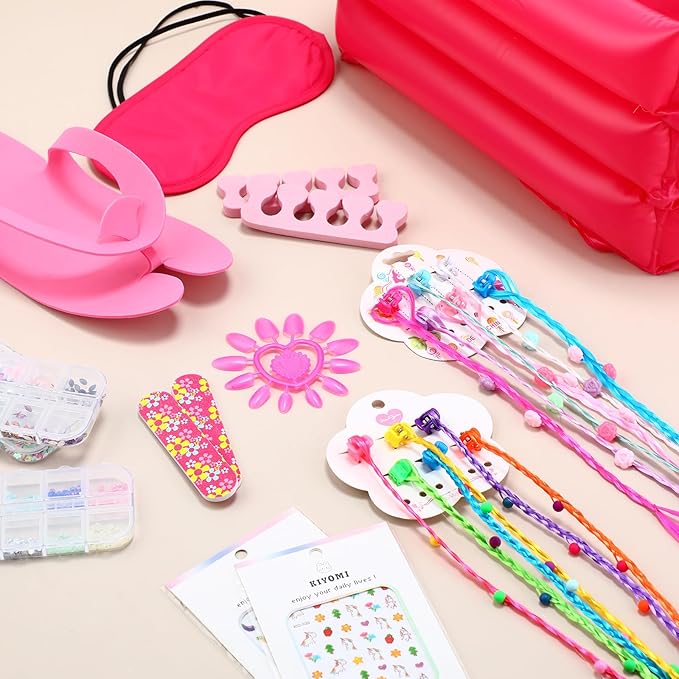 85 Pcs Spa Kit Nail Art Kit Sleepover Party Supplies with 12.5 x 12.5 in Inflatable Foot Tubs Foot Bath Towel and Basket DIY Manicure Pedicure Set for Slumber Party(Rose Red)