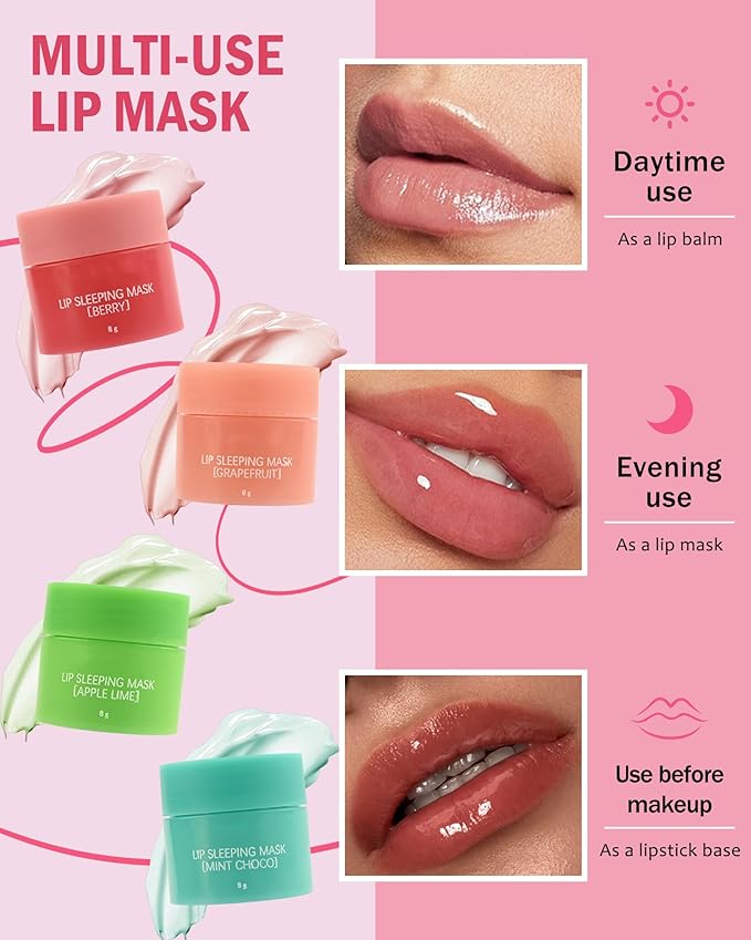 Lip Sleeping Mask Set-4 Pcs Moisturize & Nourish Lip Balm,Repair for Dry Cracked Lips,Deep Hydrating Lip Moisturizer Overnight Lip Blam,Treatment Lip Care Makeup Gift Kit for Women Men
