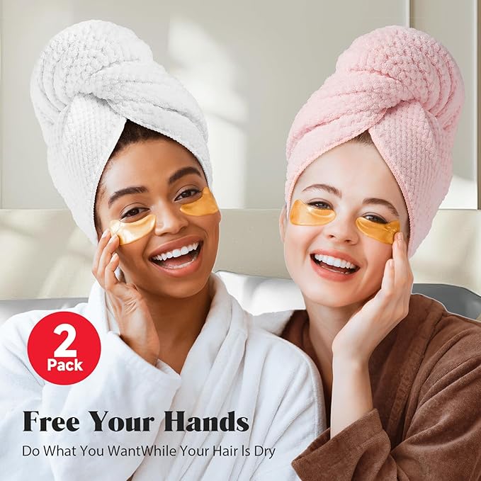 MABAO 2 Pack Microfiber Hair Towel Wrap for Women, Quick Dry Hair Turban Towel with Elastic Band, Microfiber Plopping Towel for Curly Hair, Stocking Stuffers for Women(Pink, White)