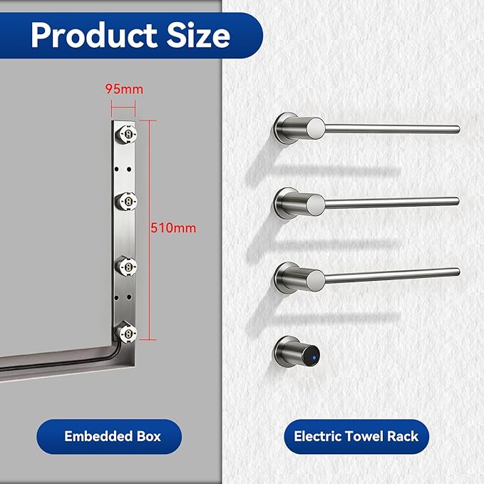 Electric Towel Warmer Concealed, Swivel Heated Towel Rack for Bathroom, Built-in Modular Electric Towel Rack with Timer, Thermostat, LED Display, 3 Bar 180° Rotation, Hardwired