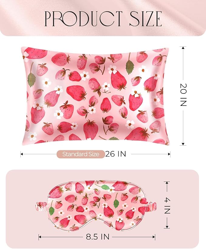 Miss Adola 1Pack Mulberry Silk Pillow Case for Hair and Skin Standard 26"x20" Silk Pillowcase with Eye Mask & Scrunchie Soft Silk Pillowcase Sleeping for Women, Wife, Female - Strawberry