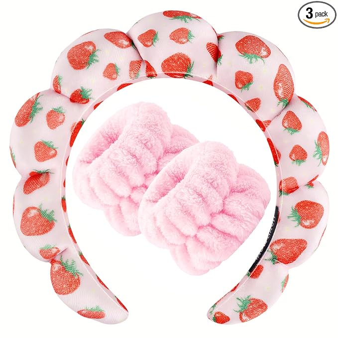 Zkptops Spa Headband for Washing Face Wristband Set Sponge Makeup Skincare Velvet Fabric Bubble Soft Get Ready Hairbands for Women Puffy Pink Headwear Non Slip Thick Thin Hair Accessory (Strawberries)