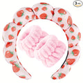 Zkptops Spa Headband for Washing Face Wristband Set Sponge Makeup Skincare Velvet Fabric Bubble Soft Get Ready Hairbands for Women Puffy Pink Headwear Non Slip Thick Thin Hair Accessory (Strawberries)