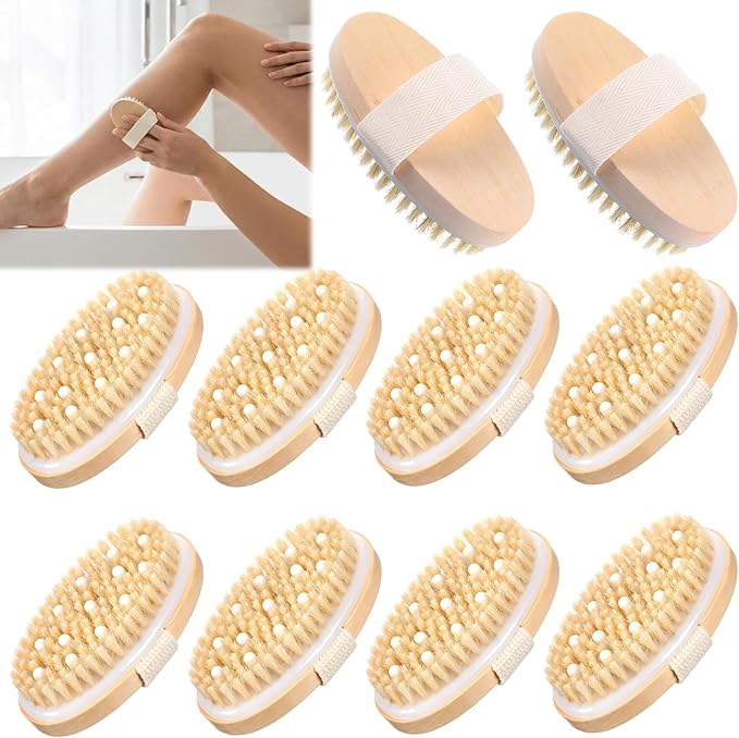 Sibba 10 Pack Dry Brushing Body Brush, Natural Bristle Exfoliating Brush with Massage Nodule Dry Skin Body Scrubber for Shower Blood Circulation Dead Skin Exfoliator Deep Exfoliation