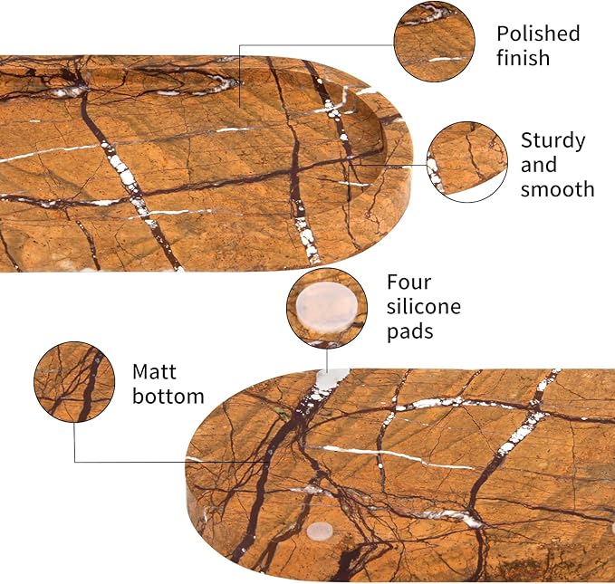 Natural Marble Tray Oval, Bathroom Vanity Tray for Countertop, Elegant Stone Decorative Organizer for Perfume, Jewelry, Home Decor (1, Rainforest Brown, 10 x 5 x 0.6)